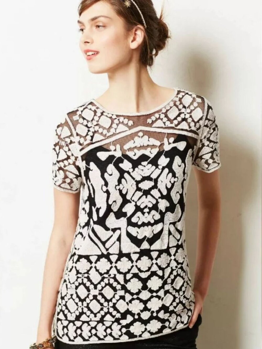 Anthropologie Everleigh Rococo Embroidered Mesh Tee XL Coquette Whimsigoth Boho
